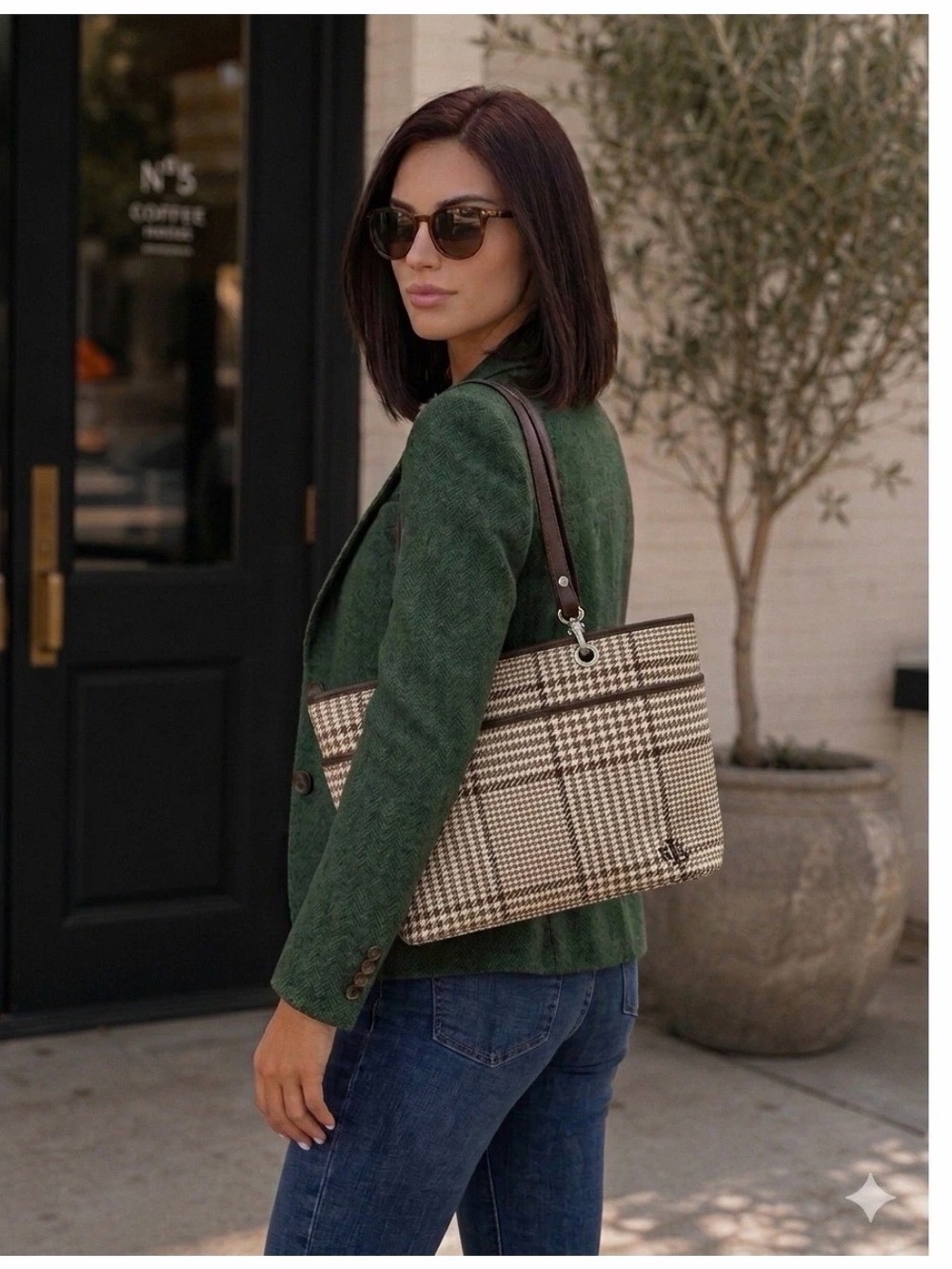 Lauren Ralph Lauren Brown Houndstooth Plaid Tote Bag Leather Trim Shoulder Bag